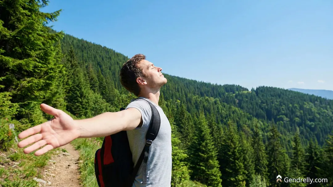 American man in his 50s breathing fresh air outdoors in early morning light near trees representing the NIH-validated health principle of pure air and ventilation as a foundation for immune function and cognitive performance for men over 50.