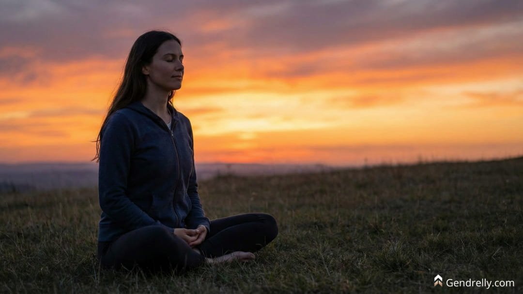 American man in his 50s sitting quietly outdoors in a peaceful natural setting in meditation representing the Mayo Clinic-validated principle of mental resilience and stress reduction for cortisol management and prostate health.