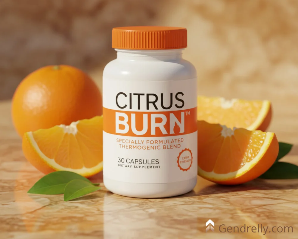 Best weight loss supplements for women 2026 — CitrusBurn supplement bottle on white marble surface with orange slices and green leaves, thermogenic metabolism support and fat burning formula for women over 30. Reviewed at Gendrelly wellness portal.