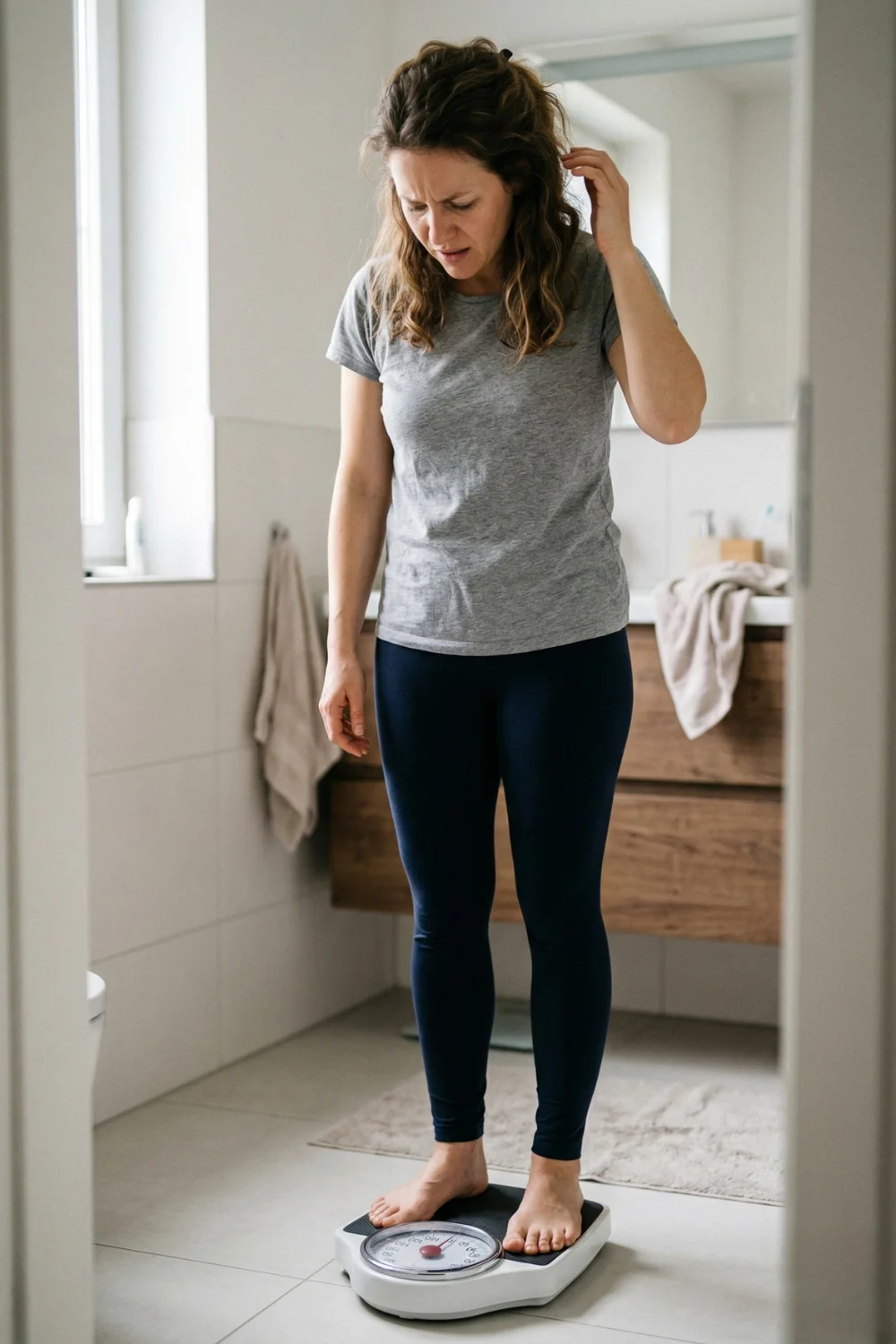 Woman frustrated on bathroom scale despite consistent healthy habits, illustrating slow metabolism after 30.
