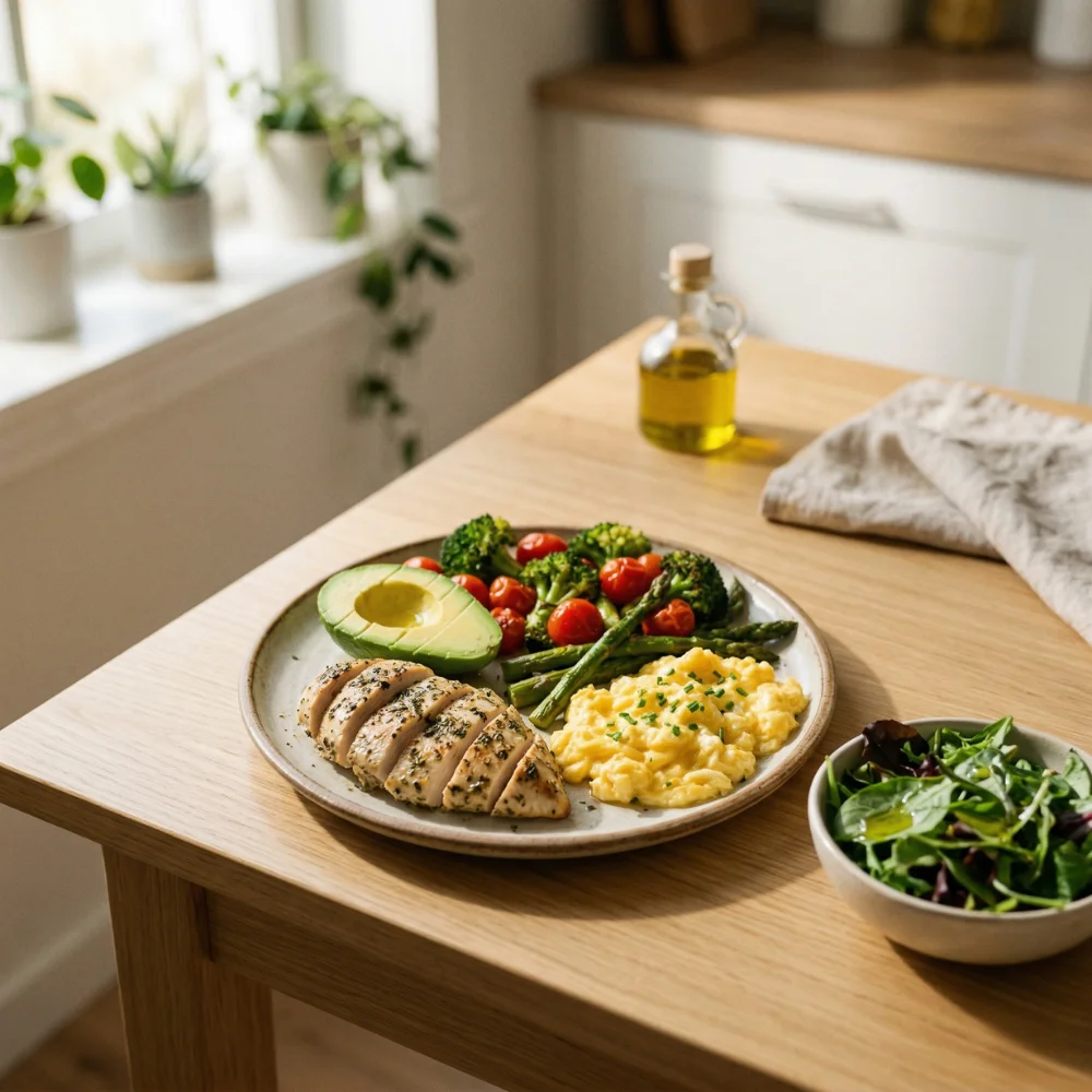 Healthy high-protein meal with chicken, eggs, and avocado for metabolism support.