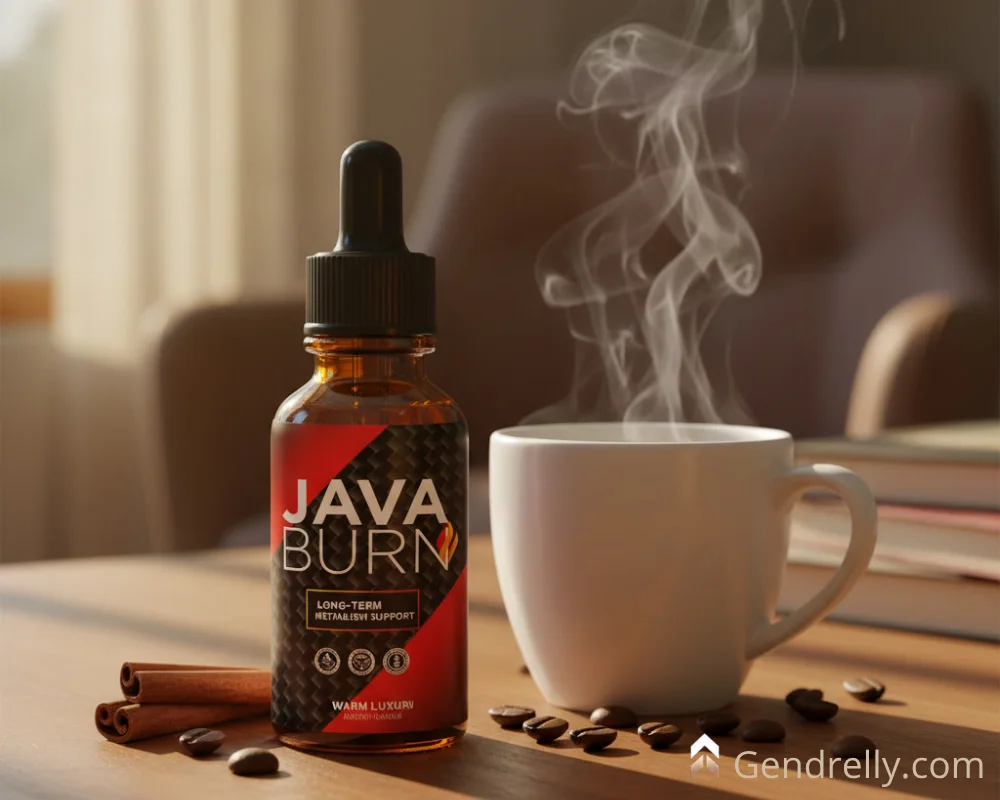 JavaBurn supplement jar next to a steaming coffee cup on a warm wooden surface, daily metabolism support and natural energy booster for long-term fat burning.