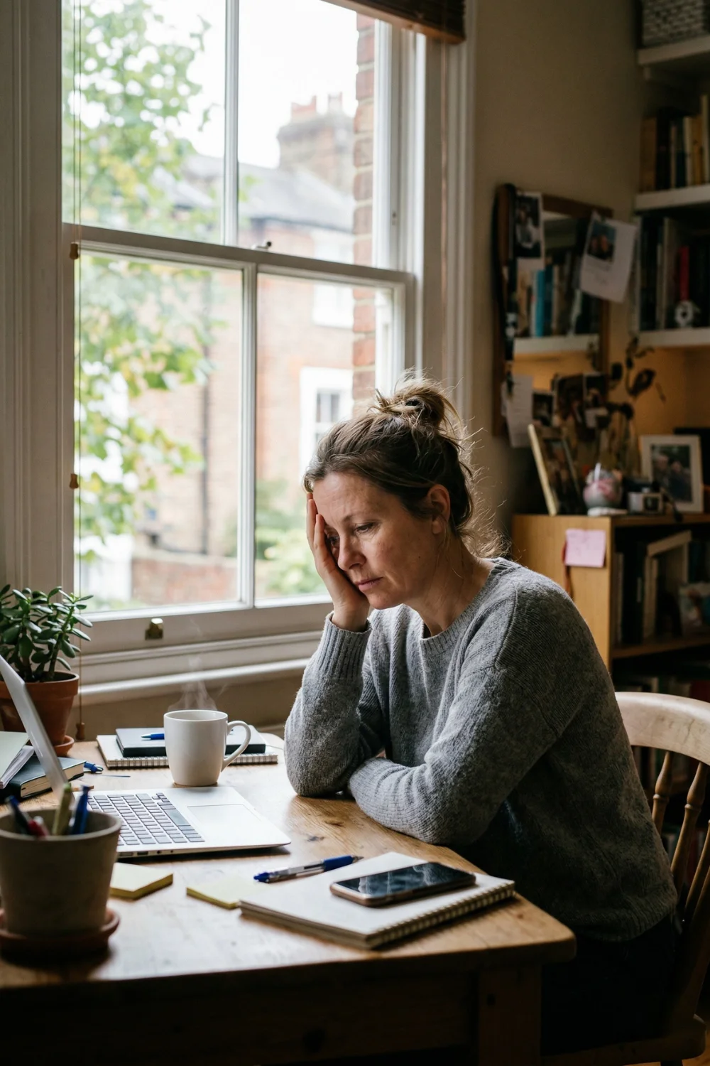 Woman with low energy and fatigue at work, a common sign of slowing metabolism after 30.
