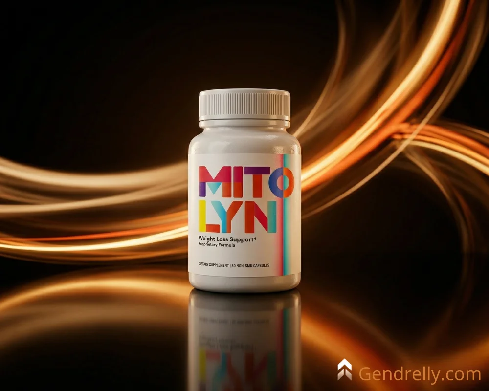 Mitolyn supplement bottle on a dark reflective surface with warm glowing ambient light, fast-acting metabolism and energy support supplement for daily use.