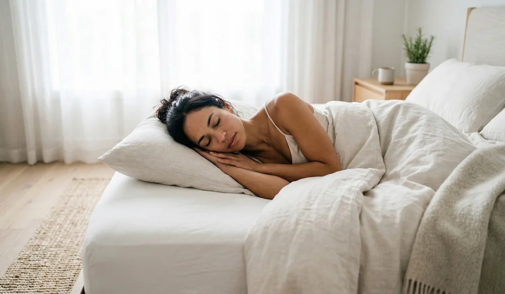 American man in his 50s sleeping peacefully in a dark bedroom representing the Mayo Clinic-validated principle of adequate rest for immune regulation and testosterone maintenance in men over 50.