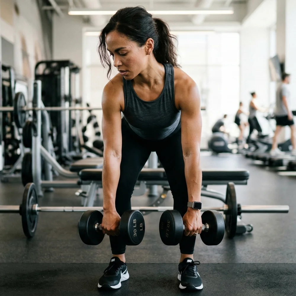 Woman performing strength training at a gym to support metabolism after 30.