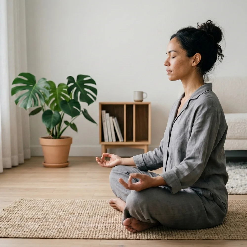 Woman meditating at home to reduce cortisol and support metabolic balance.