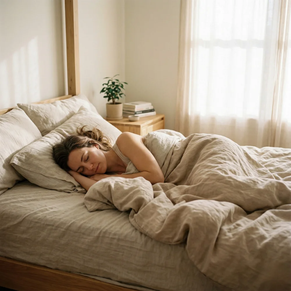 Woman sleeping peacefully in a bright bedroom for hormonal balance and metabolism recovery.