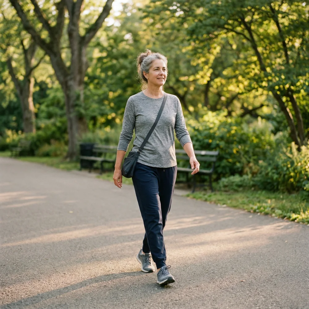 Woman walking outdoors daily for metabolism and energy support after 30.