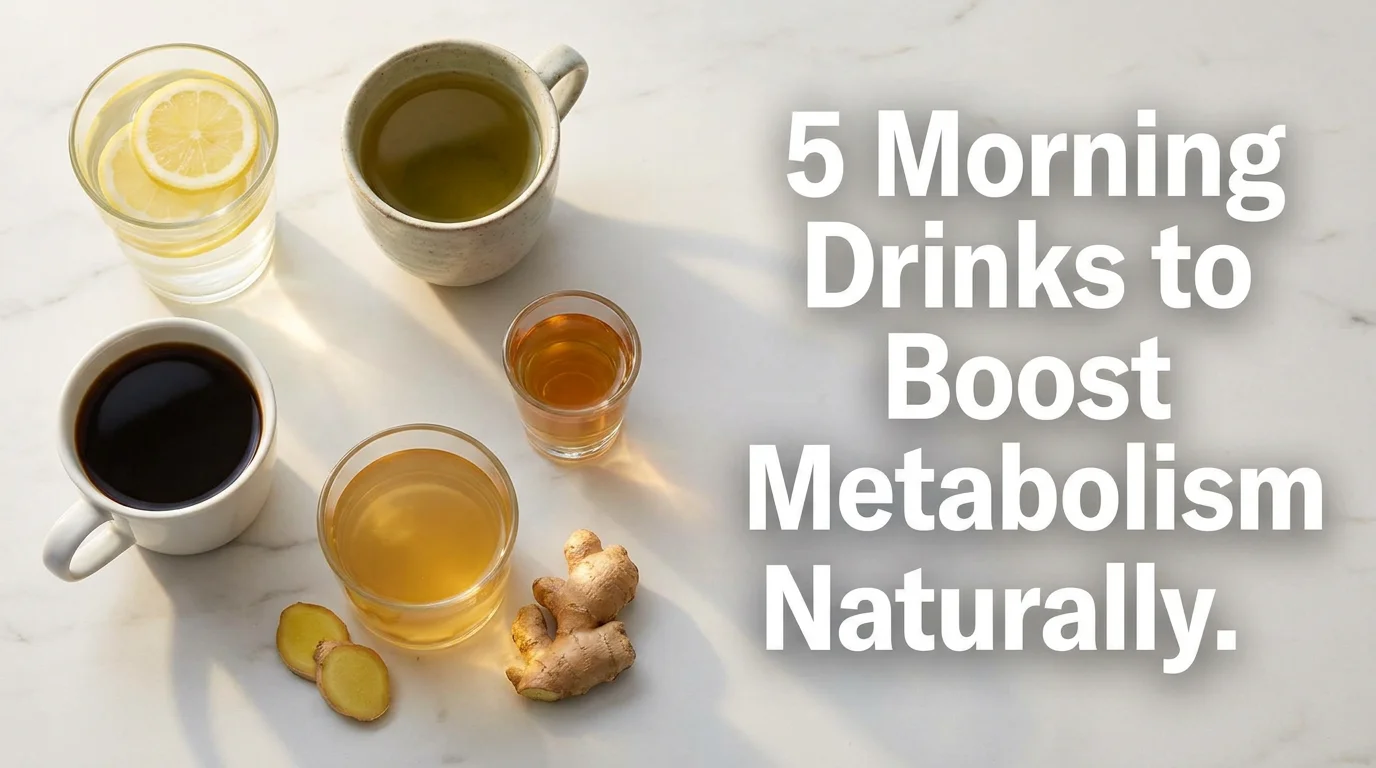 Blog cover image for a women's health article about morning drinks that support metabolism naturally. Five wellness drinks arranged as a flat lay on a white marble surface with warm natural morning light streaming in, editorial photography style. Text overlay on the right side reads: 5 Morning Drinks to Boost Metabolism Naturally. Created for American women researching natural metabolism support drinks, morning fat burning routines, and science-backed energy and wellness solutions.