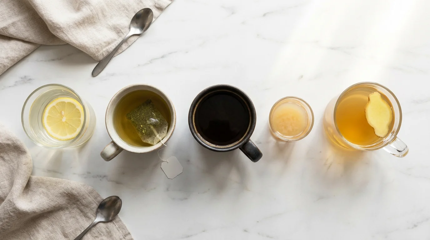 Editorial flat lay food photography of five morning metabolism-boosting drinks arranged on a white marble surface in soft natural morning light: warm lemon water with trace minerals, ceremonial green tea, black coffee, apple cider vinegar shot glass, and fresh ginger steep. Clean minimal wellness styling representing the science-backed morning drink protocol for American women over 30 looking to support natural fat burning, sustained energy, and metabolic function throughout the entire day.