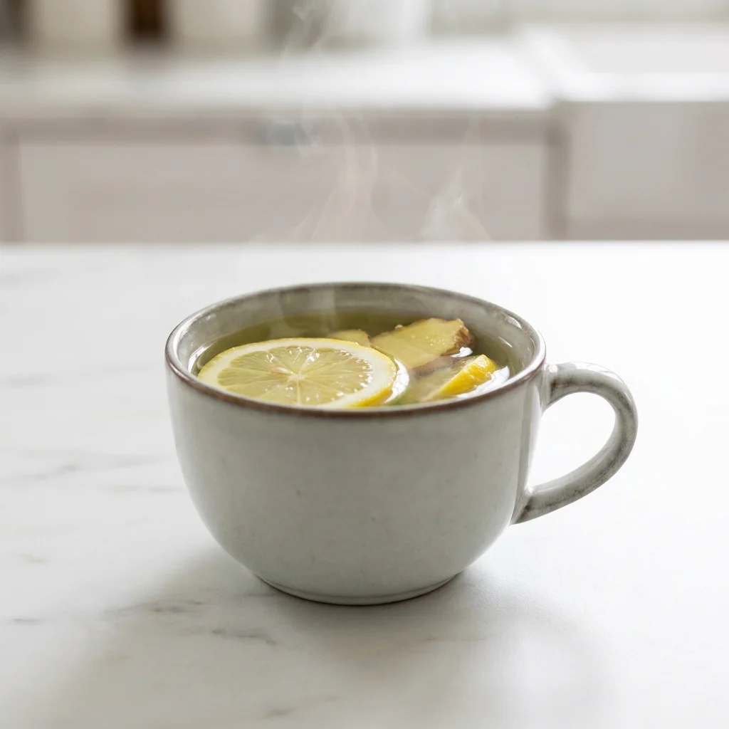 Close-up editorial photography of a steaming cup of ceremonial green tea with fresh lemon slices and ginger root arranged on a white marble surface in soft natural morning light. Represents the EGCG compounds in green tea shown to support fat oxidation and metabolic function by blocking the enzyme that breaks down norepinephrine, the body's primary fat-release hormone — making it one of the most studied and effective natural metabolism support drinks available to women over 30.