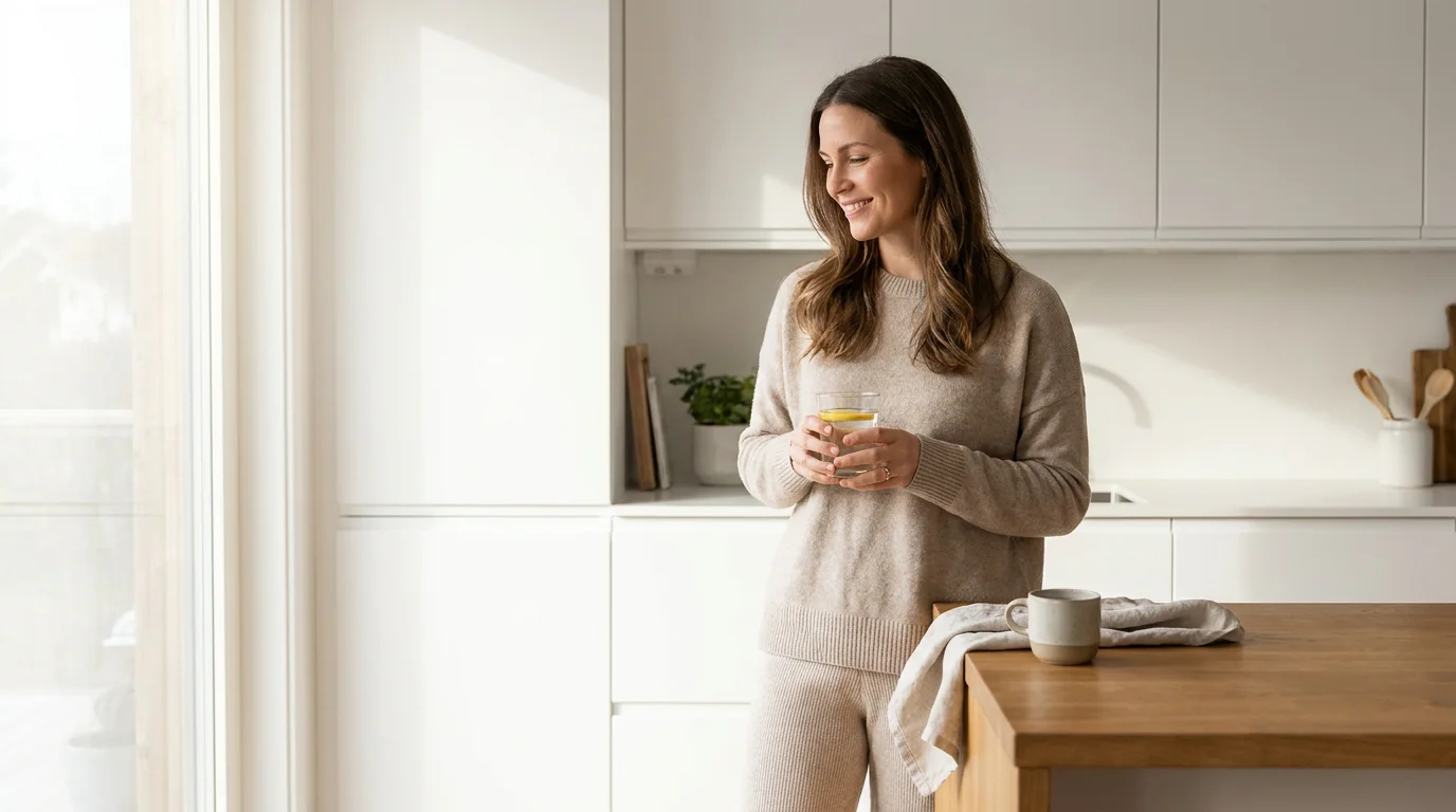 Woman in her early 30s in a bright modern kitchen preparing her morning wellness routine with a glass of warm lemon water on the counter and soft natural morning light streaming through the window. Editorial lifestyle photography for a women's health article about the 5 science-backed morning drinks that support metabolism naturally and help American women over 30 optimize fat burning, energy levels, and mitochondrial function from the very first hour after waking up each day.