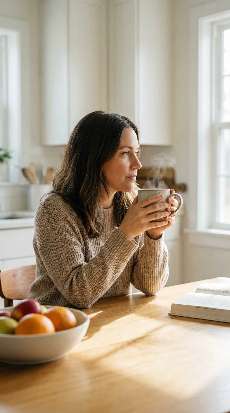 Woman in her early 30s sitting at a bright kitchen table in soft natural morning light holding a warm cup of tea, looking relaxed and deeply focused during her morning wellness routine. Editorial lifestyle photography representing the optimal morning drink timing protocol for American women over 30 who want to support natural metabolism, fat burning, and sustained energy levels by strategically introducing each morning drink within the first sixty to ninety minutes after waking.