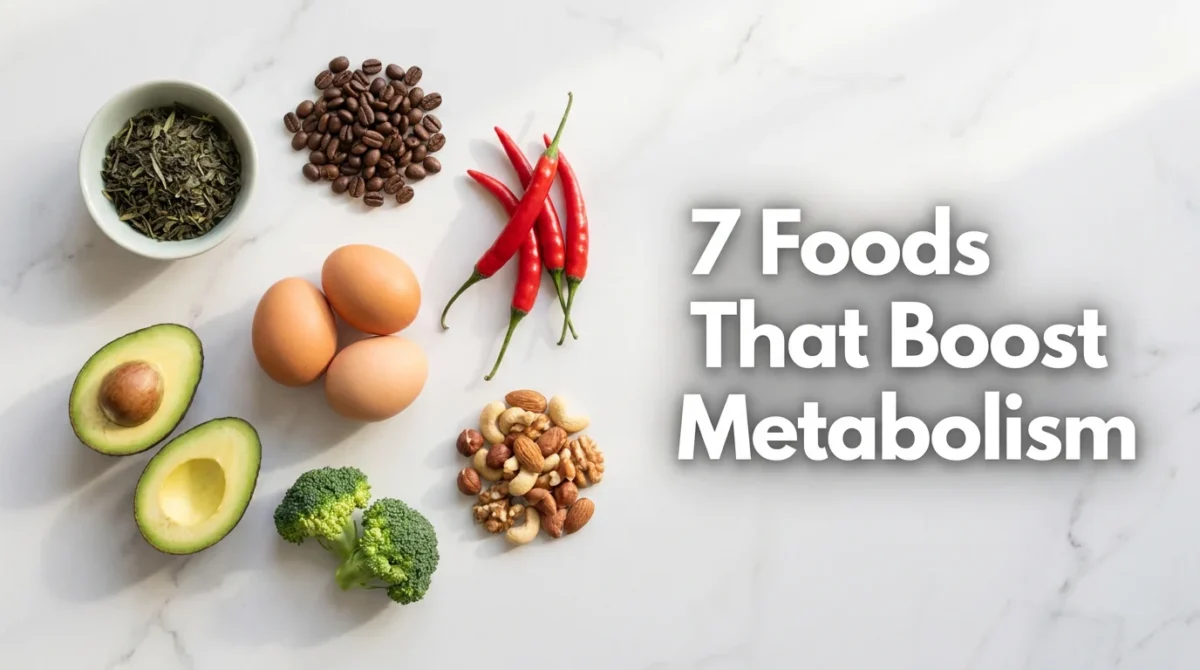 Blog cover image for a women's health article about 7 foods that boost metabolism naturally. Seven metabolism-supporting foods arranged as a flat lay on a white marble surface with soft natural morning light, clean editorial photography style. Text overlay on the right side reads: 7 Foods That Boost Metabolism. Created for American women researching natural metabolism support foods, thermogenic nutrition, and science-backed dietary strategies to boost metabolic rate after 30.
