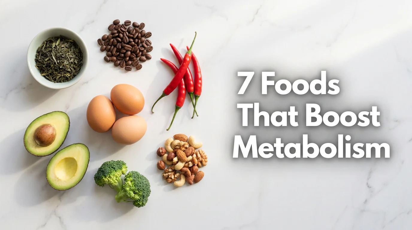 Blog cover image for a women's health article about 7 foods that boost metabolism naturally. Seven metabolism-supporting foods arranged as a flat lay on a white marble surface with soft natural morning light, clean editorial photography style. Text overlay on the right side reads: 7 Foods That Boost Metabolism. Created for American women researching natural metabolism support foods, thermogenic nutrition, and science-backed dietary strategies to boost metabolic rate after 30.