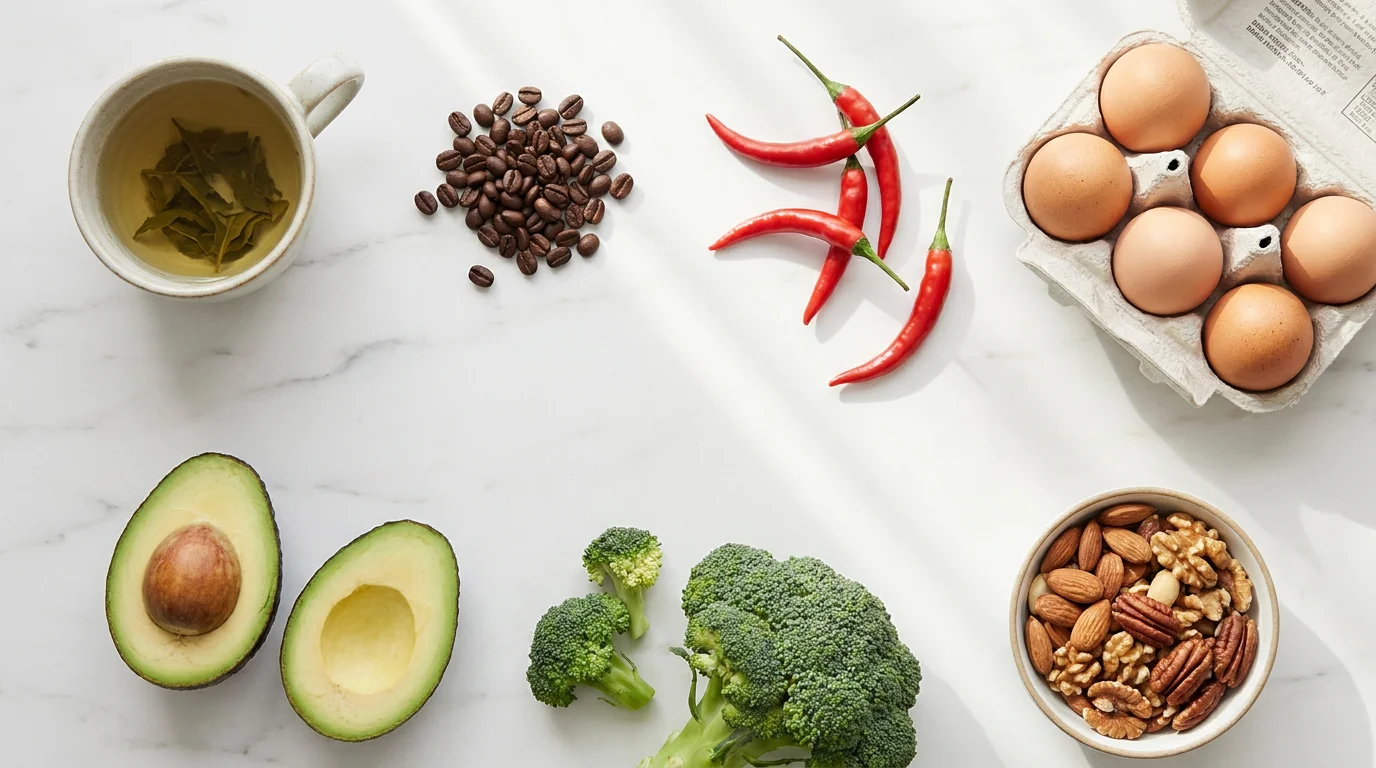 Editorial flat lay food photography of seven metabolism-boosting foods arranged on a white marble surface in soft natural morning light: green tea, coffee beans, chili peppers, eggs, avocado, broccoli, and mixed nuts. Clean minimal wellness aesthetic representing the science-backed foods that support thermogenesis, thermic effect of food, and fat oxidation for American women over 30 looking to support their metabolism naturally through strategic daily nutrition choices every day.