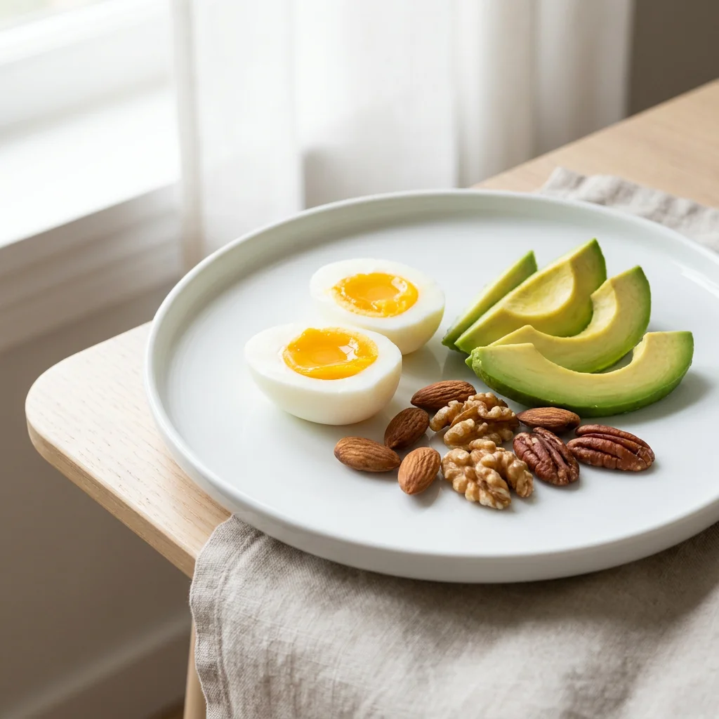 Editorial food photography of eggs, avocado slices, and mixed nuts arranged on a clean white plate in soft natural morning light, representing high thermic effect protein foods that support metabolism naturally. Created for a women health article about 7 foods that boost metabolism naturally, illustrating how protein-rich foods burn up to 30 percent of their own calories during digestion and support lean muscle mass retention and resting metabolic rate for American women over 30.