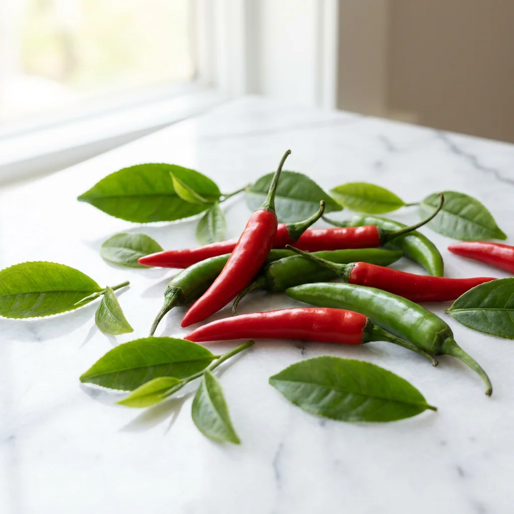 Close-up editorial food photography of fresh chili peppers and green tea leaves arranged on a white marble surface with soft natural light, representing the two most studied natural thermogenic compounds for metabolism support. Capsaicin from chili peppers activates TRPV1 receptors to increase thermogenesis, while EGCG from green tea blocks the enzyme that breaks down norepinephrine, extending the fat-burning signal for American women over 30 seeking natural metabolism support.