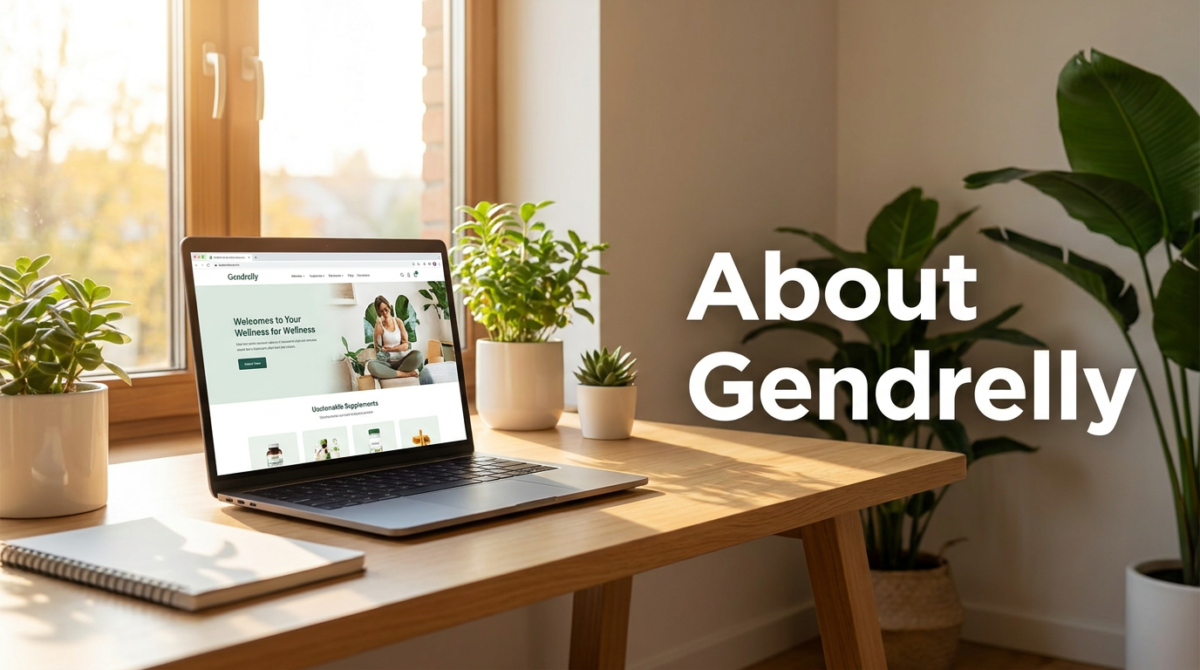 About gendrelly: Blog cover image for the Gendrelly About page. Clean bright modern home office workspace with a laptop, open notebook, and green plants in warm natural light, representing the independent editorial team behind Gendrelly wellness content. Text overlay on the right reads: About Gendrelly. Created for American adults who want to learn more about the independent health and wellness educational platform behind Gendrelly metabolism, prostate health, and blood sugar informational content.