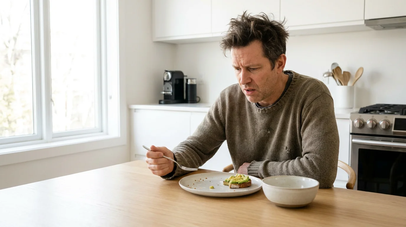 Middle-aged American adult sitting at a breakfast table appearing frustrated and hungry shortly after eating a healthy meal representing morning hunger blood sugar instability and glucose transport challenges after age 40 connected to GLUT4 inefficiency reviewed at Gendrelly wellness portal for an educational health article about why the best breakfast for blood sugar balance depends on cellular glucose delivery not just food composition.