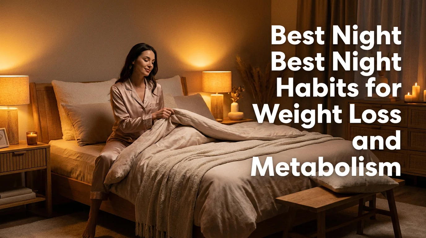 Blog cover image for a women's health article about the best night habits for weight loss and metabolism. Woman in luxury pajamas in a warm amber-lit bedroom preparing for a restorative night of sleep, editorial photography style. Text overlay on the right side reads: Best Night Habits for Weight Loss and Metabolism. Created for American women researching overnight fat burning, sleep and metabolism connection, and science-backed night routines to support weight loss after 30.