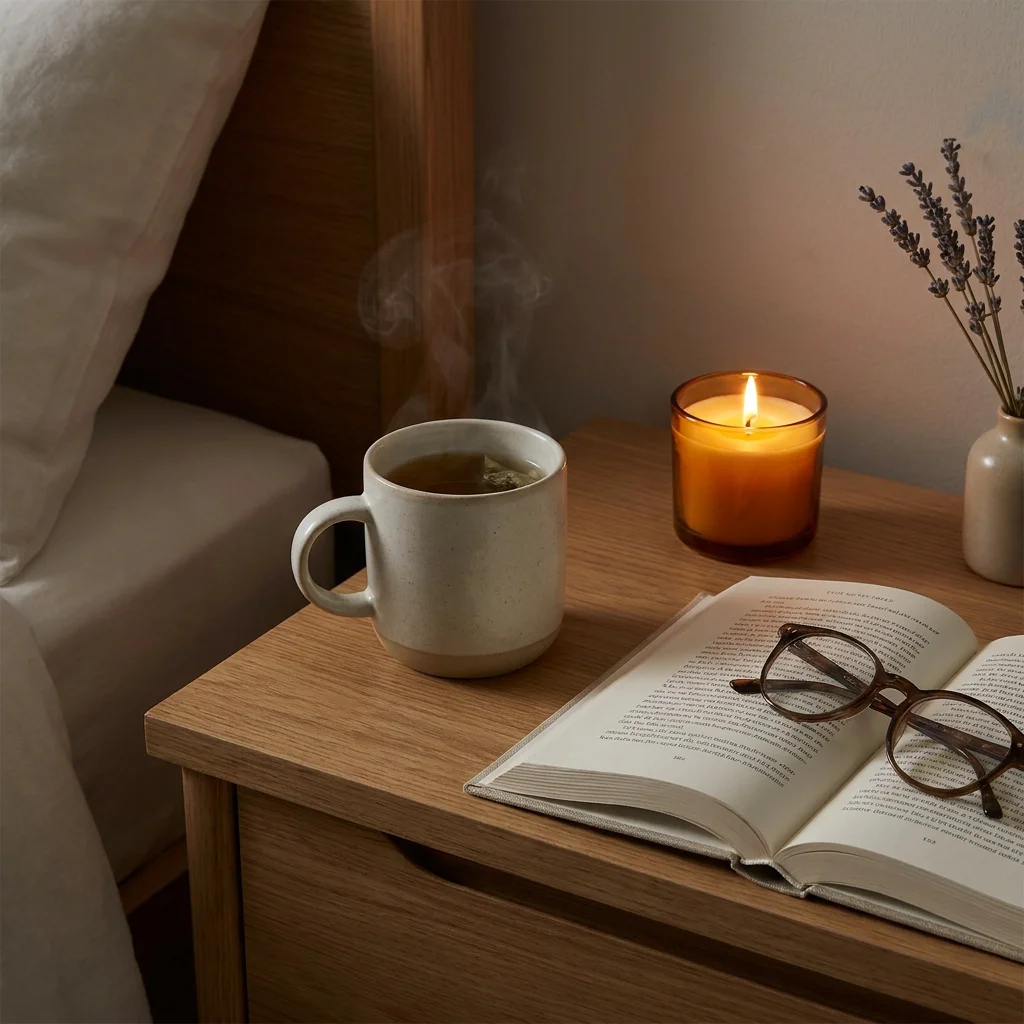 Close-up editorial lifestyle photography of a calming night routine setup on a bedside table featuring a herbal tea cup, open book, and small candle in warm amber light, representing the intentional pre-sleep rituals that support melatonin production, cortisol reduction, and overnight metabolic recovery. Created for a women's health article about the best night habits for weight loss and how quality sleep regulates leptin and ghrelin hormones for American women over 30 seeking better results.