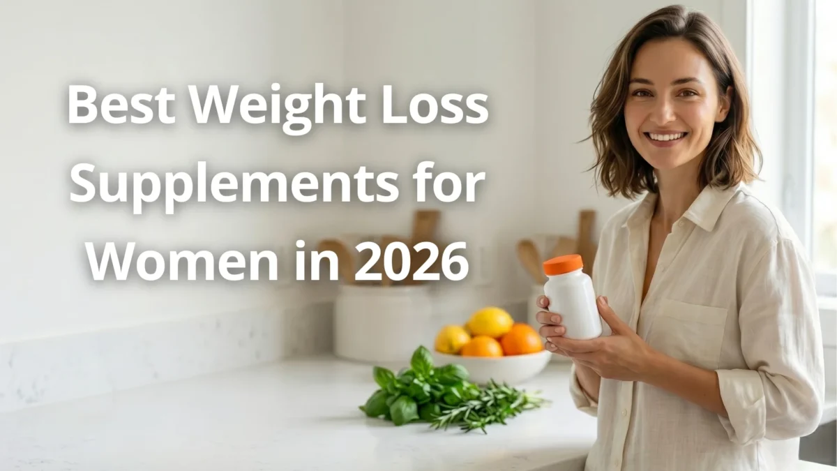 Best weight loss supplements for women 2026 — American woman in her early 40s standing confidently in a bright modern kitchen holding a supplement bottle, looking energized and healthy with a warm smile, soft morning light through a large window, fresh citrus fruits and green herbs on the white marble counter. Editorial lifestyle photography for the Gendrelly independent wellness portal comparing science-backed metabolism support options for American women over 30 seeking real results.