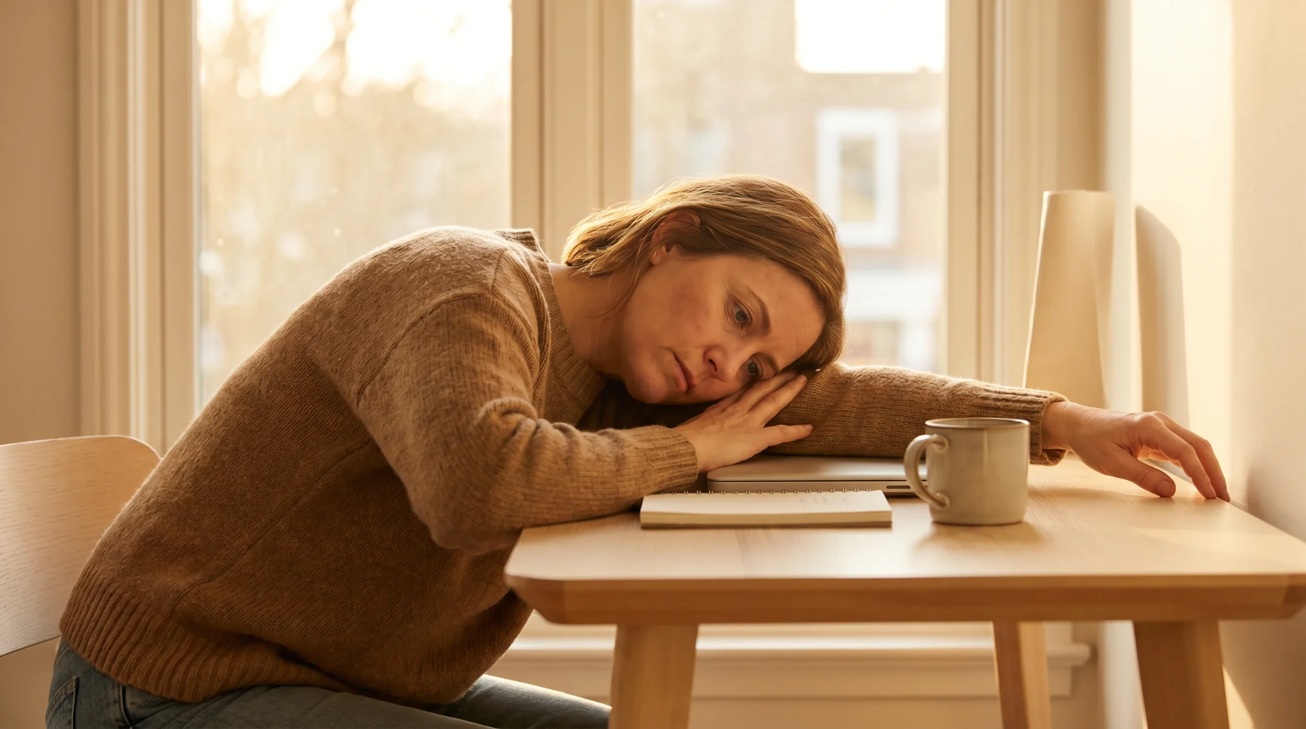 American woman in her early 40s looking tired and unfocused at her desk in the early afternoon representing the blood sugar and afternoon fatigue connection that researchers associate with GLUT4 receptor dysfunction and post-lunch glucose spikes reviewed at Gendrelly wellness portal for US adults over 40 seeking natural blood sugar support and sustained daily energy without the typical 2pm energy crash affecting cognitive performance focus and afternoon mood and productivity.