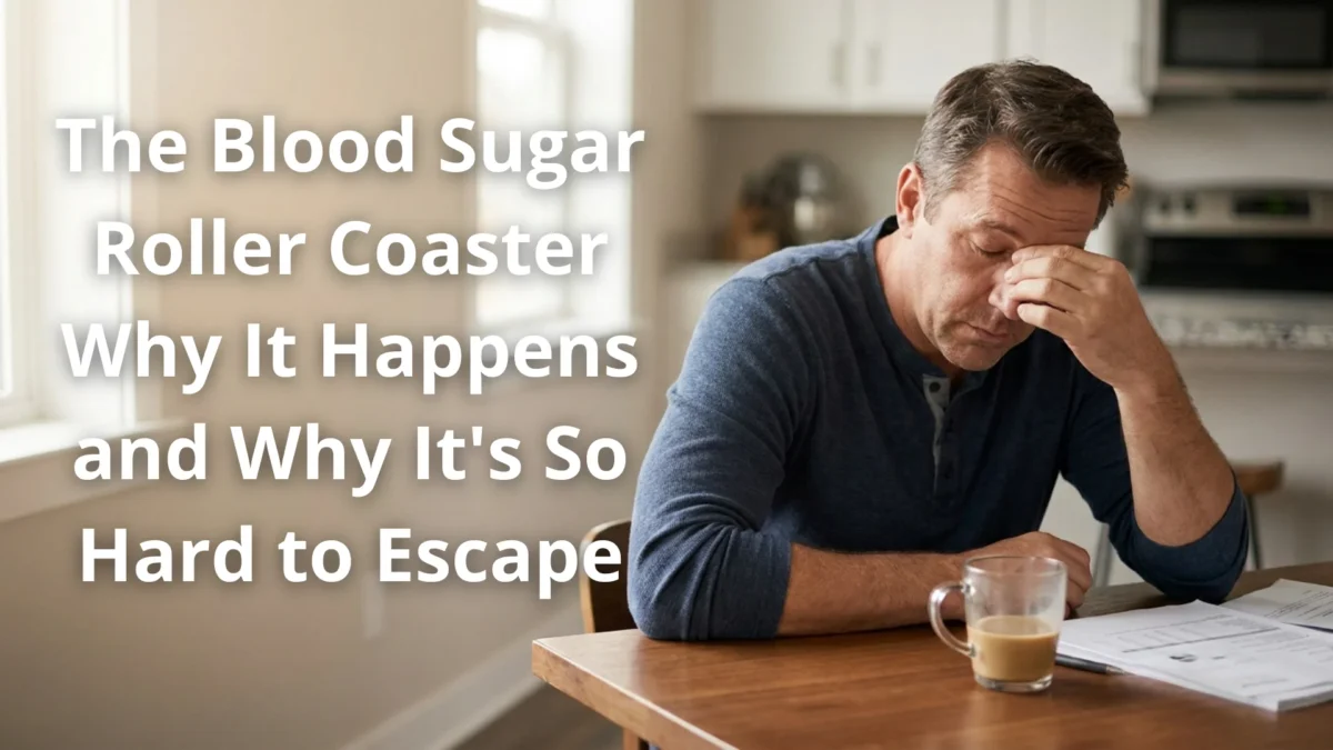 Editorial cover image for a Gendrelly article about the blood sugar roller coaster showing an American adult over 40 looking exhausted and frustrated in the afternoon representing the repeating cycle of energy spikes crashes cravings and hunger that researchers associate with GLUT4 glucose transport inefficiency in US adults over 40 who experience predictable daily energy crashes despite eating healthier and trying to break the blood sugar cycle through diet and willpower alone.