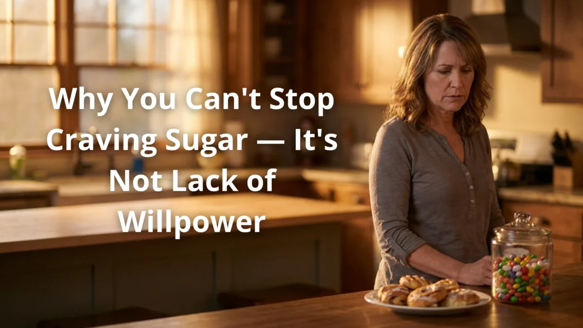 Editorial cover image for a Gendrelly article about blood sugar and sugar cravings showing an American adult over 40 looking at sweets in a kitchen with a conflicted expression representing the recurring craving cycle that researchers associate with GLUT4 glucose transport inefficiency in US adults over 40 who struggle with persistent sugar cravings afternoon snack urges and energy crashes despite eating healthier and trying to reduce refined carbohydrate consumption daily.