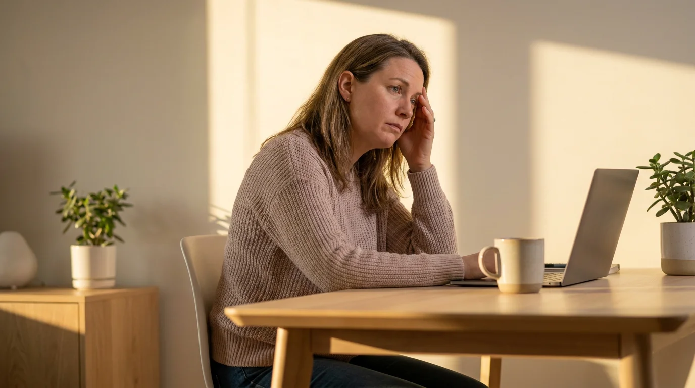 American adult over 40 standing in a kitchen in the evening looking at sugary snacks with a conflicted expression representing recurring sugar cravings and blood sugar instability that researchers associate with GLUT4 glucose transport inefficiency in US adults over 40 reviewed at Gendrelly wellness portal for an educational article about why blood sugar and sugar cravings are biologically connected and why the craving cycle intensifies after 40 when cellular glucose regulation declines.