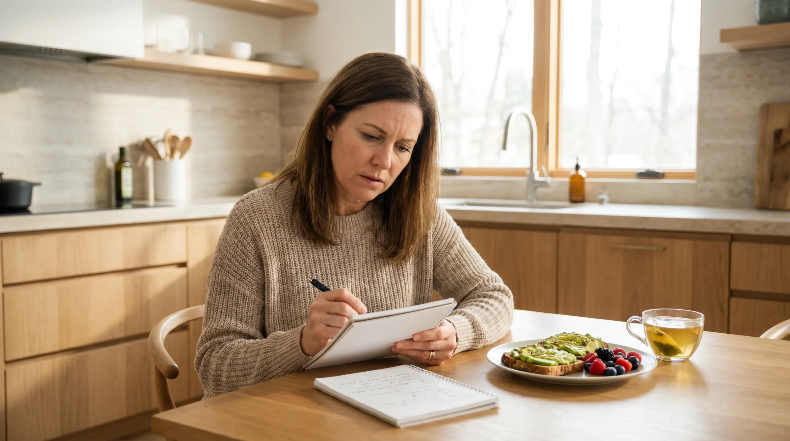 American woman in her late 40s sitting at a bright kitchen table with a healthy meal and blood sugar notes nearby, looking tired and concerned, representing subtle blood sugar warning signs after 40. Editorial wellness image for an educational Gendrelly article about glucose imbalance, fatigue, cravings, brain fog, insulin response, and why many adults seek a deeper explanation for unstable blood sugar patterns.