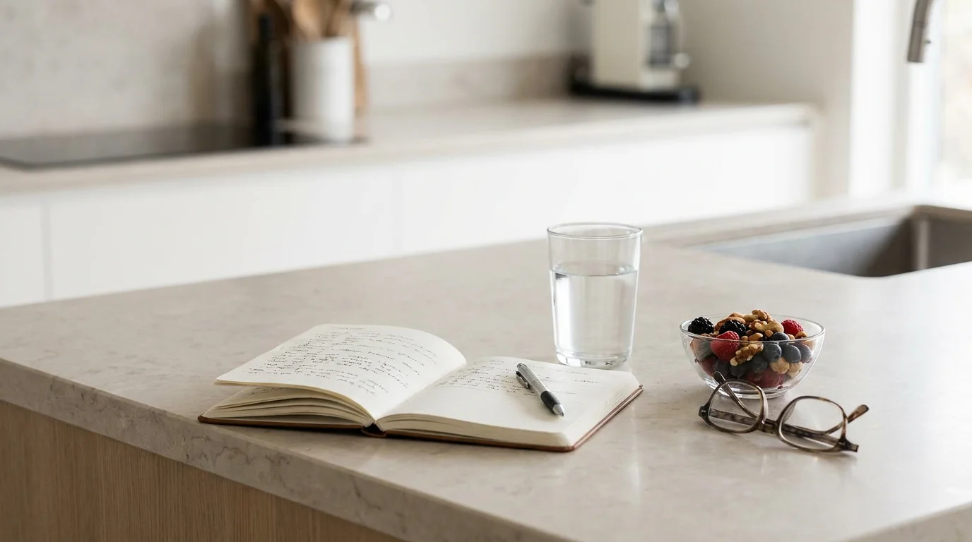 Close-up of a blood sugar log, reading glasses, water, and a healthy snack on a bright kitchen counter, representing the daily patterns adults over 40 may track when noticing fatigue, cravings, brain fog, and afternoon crashes. Editorial health image for a Gendrelly article explaining blood sugar warning signs, glucose stability, lifestyle context, and cellular transport systems being studied by researchers.