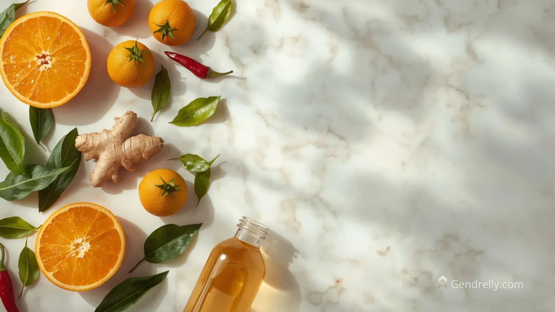 Fresh Seville oranges green tea ginger and red pepper arranged on white marble representing the 7 key botanical ingredients in CitrusBurn thermogenic metabolism formula reviewed by Gendrelly wellness portal