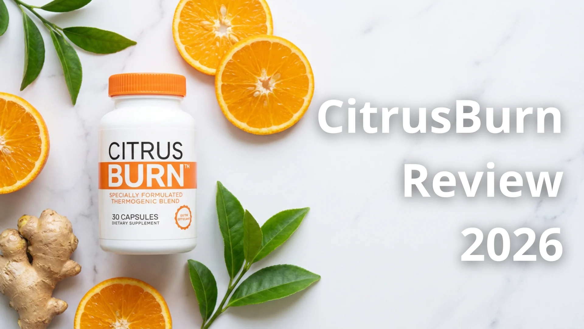 Blog cover image for a women's health review article about CitrusBurn 2026. CitrusBurn supplement bottle on a white marble surface with Seville orange slices and natural ingredients in soft natural light, clean editorial photography style. Text overlay on the right side reads: CitrusBurn Review 2026. Created for American women researching CitrusBurn reviews, whether CitrusBurn works for fat loss, and the science and ingredients behind this natural metabolism support supplement.