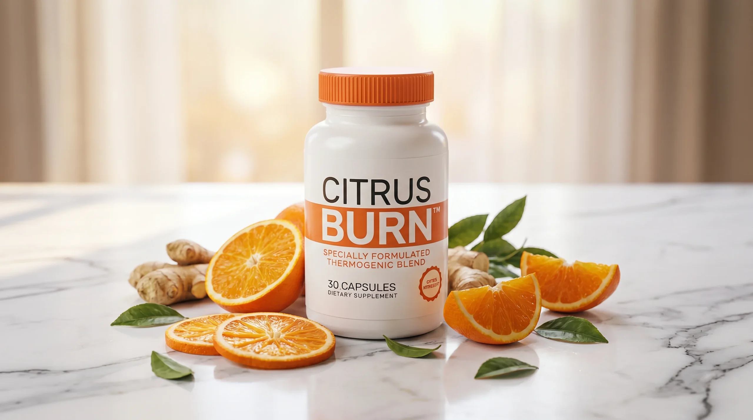 CitrusBurn review 2026 — supplement bottle on a clean white marble surface with fresh Seville orange slices, ginger root, and green tea leaves in soft natural light, representing the thermogenic formula reviewed by Gendrelly. Editorial product photography for a women's health article covering ingredients, mechanism of action, and realistic expectations for American women over 30.