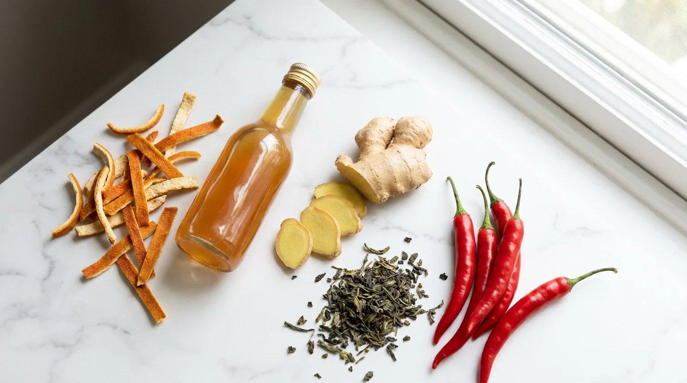 Editorial flat lay food photography of Seville orange peel, apple cider vinegar, fresh ginger root, green tea leaves, and red pepper arranged on a white marble surface in soft natural light, representing the six natural thermogenic ingredients in CitrusBurn reviewed for their fat burning and metabolism support mechanisms. Created for a CitrusBurn review article examining the clinical evidence behind each ingredient for American women over 30 seeking natural metabolic support.