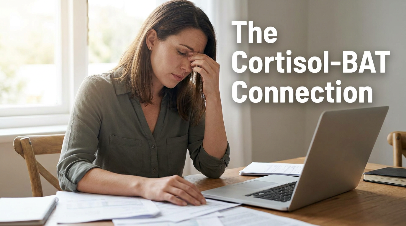 Blog cover image for a women's health article about the cortisol and brown adipose tissue connection. Woman in her early 30s looking stressed and fatigued at a desk with soft natural light, editorial photography style. Text overlay on the right side reads: The Cortisol BAT Connection. Created for American women researching cortisol and fat loss, brown adipose tissue suppression, stress and metabolism connection, and science-backed strategies to reactivate fat burning after 30.