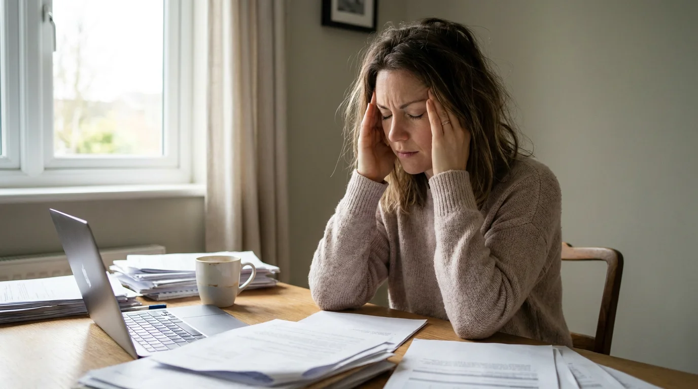 Woman in her early 30s sitting at a desk looking stressed and fatigued with hands on her temples, representing the impact of chronic stress and elevated cortisol on metabolism and brown adipose tissue suppression in women over 30. Editorial lifestyle photography for a women's health article about the cortisol BAT connection and how chronically elevated stress hormones silently shut down the body's most powerful fat-burning system for American women despite consistent diet and exercise efforts.
