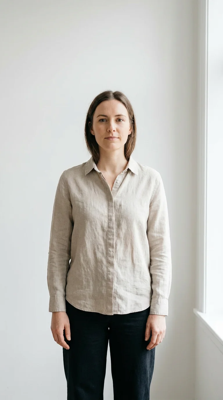 Woman in her early 30s placing both hands gently on her abdomen with a calm neutral expression in soft natural indoor light, representing the cortisol BAT connection and its impact on internal fat-burning systems. Editorial lifestyle photography illustrating how chronic cortisol suppresses UCP1 protein expression in brown adipose tissue, effectively switching off thermogenesis and calorie burning for American women over 30 experiencing stubborn fat despite consistent healthy habits.