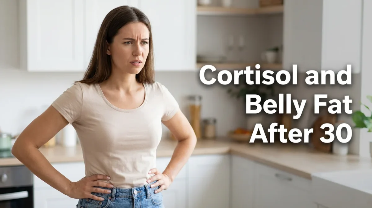 Editorial photography for a women's health blog cover. Woman in her early 30s looking frustrated in a bright kitchen, hands on waist, soft natural light. Right side bold white text: Cortisol and Belly Fat After 30. Horizontal 1200x630. No supplement bottles.