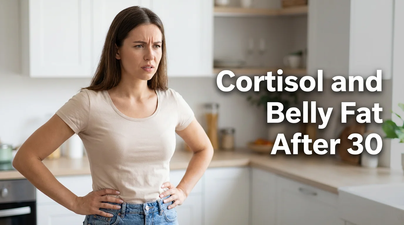Editorial photography for a women's health blog cover. Woman in her early 30s looking frustrated in a bright kitchen, hands on waist, soft natural light. Right side bold white text: Cortisol and Belly Fat After 30. Horizontal 1200x630. No supplement bottles.