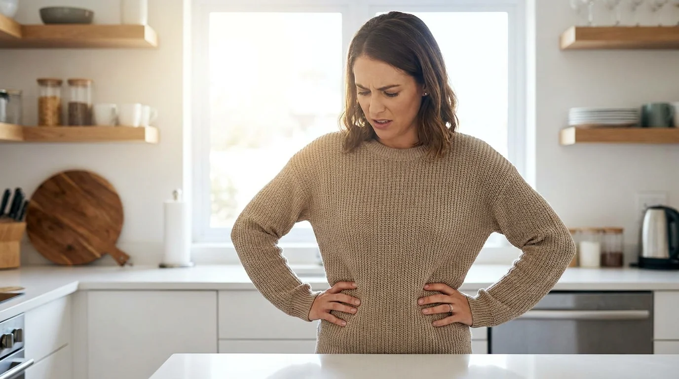 Woman in her early 30s standing in a bright kitchen looking frustrated with hands on her waist, representing hormonal belly fat and stress-driven weight gain in American women after 30 when chronic cortisol elevation signals visceral fat storage around the midsection. Editorial lifestyle photography for a women's health article about why cortisol causes belly fat after 30 and the hormonal mechanisms behind stubborn abdominal fat that persists despite consistent diet and exercise habits.