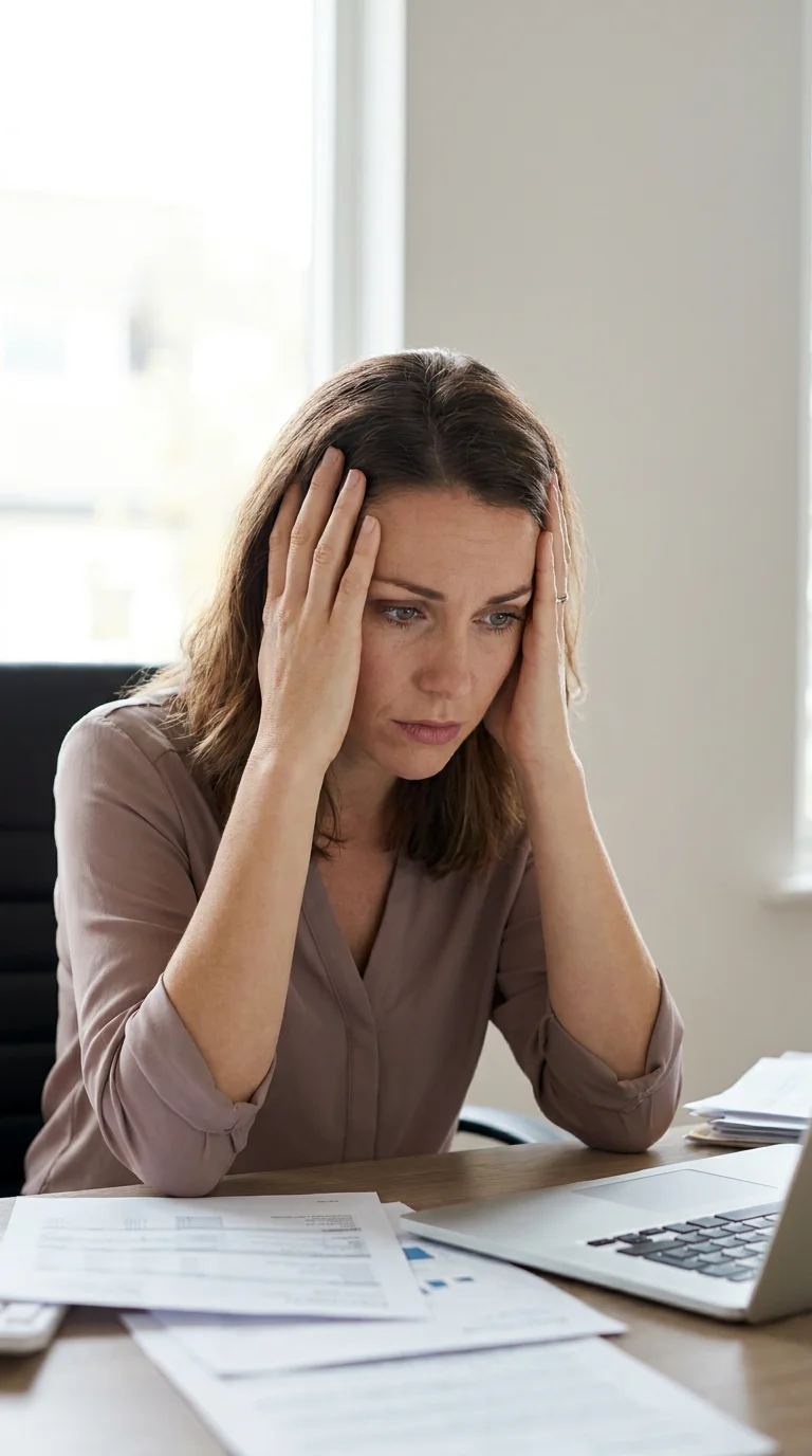 Woman in her mid-30s sitting at a desk looking stressed and overwhelmed with hands on her head in soft natural indoor light, representing the chronic stress and elevated cortisol levels that directly drive belly fat storage in women over 30. Editorial lifestyle photography illustrating how prolonged cortisol elevation suppresses brown adipose tissue, raises insulin, and centralizes fat around the midsection for American women experiencing stubborn belly fat despite healthy lifestyle habits.