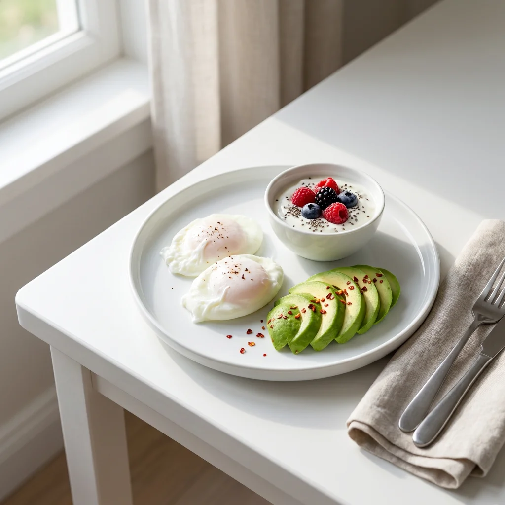 Editorial food photography of a high-protein breakfast on a clean white table in soft natural morning light featuring eggs, avocado, and Greek yogurt, representing the protein-forward breakfast step of the cortisol morning ritual that stabilizes blood sugar, reduces cortisol rebound, and provides amino acids for adrenal hormone regulation. Created for a women's health article about morning habits that lower cortisol and support fat burning and metabolic health for American women over 30.