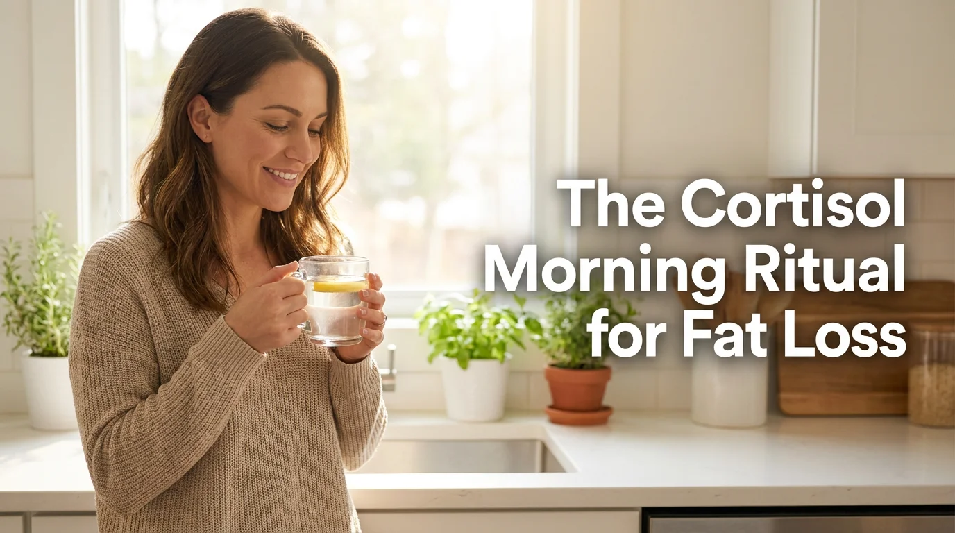 Blog cover image for a women's health article about the cortisol morning ritual for fat loss. Woman in her early 30s in a bright kitchen holding a glass of warm lemon water in soft natural morning light, editorial photography style. Text overlay on the right side reads: The Cortisol Morning Ritual for Fat Loss. Created for American women researching cortisol and fat loss, morning routines to lower stress hormones, and science-backed protocols to support metabolism and fat burning after 30.