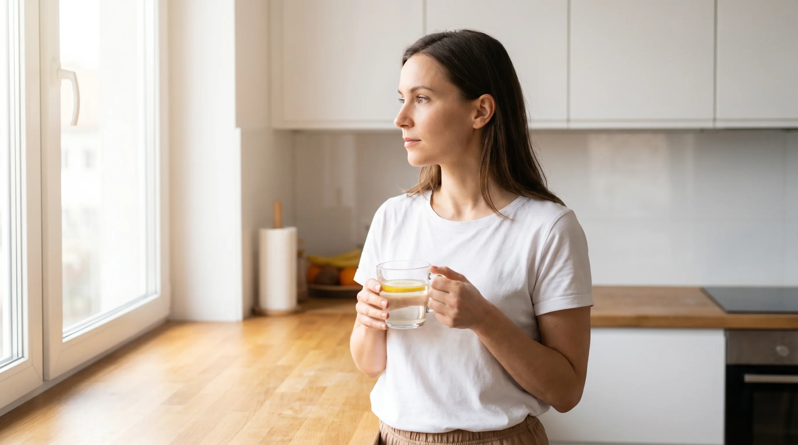 Woman in her early 30s in a bright modern kitchen holding a glass of warm lemon water in soft natural morning light, representing the cortisol morning ritual for fat loss and the deliberate pre-screen hydration habit that blunts the dehydration-driven cortisol spike before it compounds. Editorial lifestyle photography for a women health article about the 5-step morning protocol that works with hormonal biology to lower cortisol and improve fat burning results for American women over 30.
