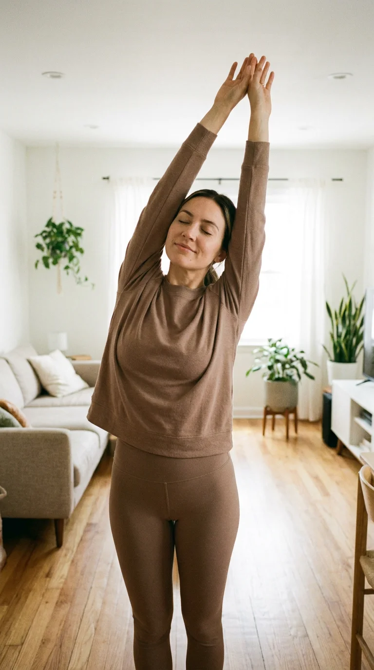 Woman in her early 30s doing gentle morning stretching in a bright naturally lit living room, looking relaxed and peaceful, representing the 10-minute low-intensity movement step of the cortisol morning ritual that activates the parasympathetic nervous system and signals the body to return to normal metabolic function. Editorial lifestyle photography illustrating how morning movement reduces cortisol-driven sympathetic activation and supports fat burning for American women over 30.