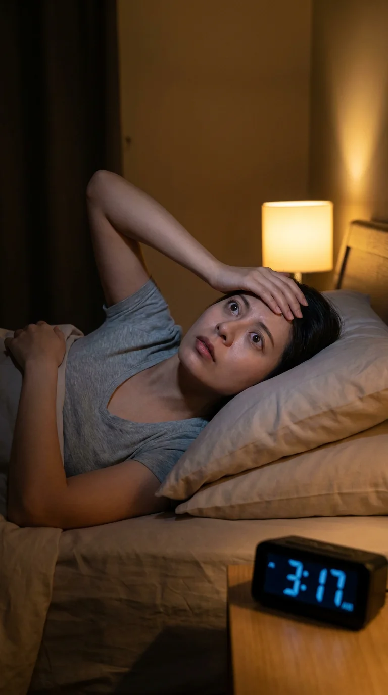 Woman in her early 30s lying awake in bed at night looking stressed and unable to sleep in dim warm bedroom light, representing the self-reinforcing cortisol sleep disruption cycle that drives weight gain in women over 30. Editorial lifestyle photography illustrating how poor sleep elevates cortisol the next day and elevated cortisol disrupts sleep the following night, creating a hormonal feedback loop that makes fat loss difficult without addressing the cortisol metabolism axis.